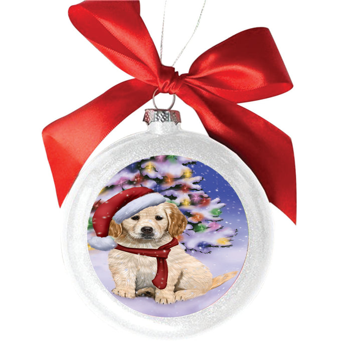 Winterland Wonderland Golden Retriever Dog In Christmas Holiday Scenic Background White Round Ball Christmas Ornament WBSOR49577