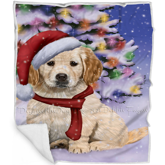 Winterland Wonderland Golden Retrievers Puppy Dog In Christmas Holiday Scenic Background Blanket