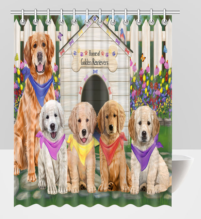 Spring Dog House Golden Retriever Dogs Shower Curtain