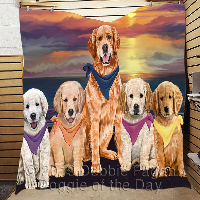 Family Sunset Portrait Golden Retriever Dogs Quilt