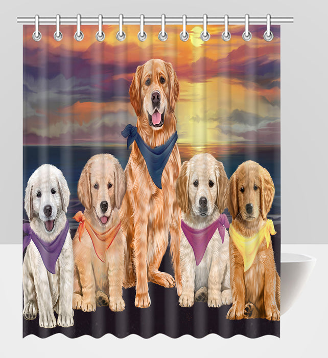 Family Sunset Portrait Golden Retriever Dogs Shower Curtain