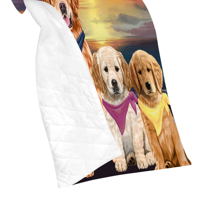 Family Sunset Portrait Golden Retriever Dogs Quilt