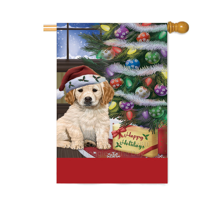 Personalized Christmas Happy Holidays Golden Retriever Dog with Tree and Presents Custom House Flag FLG-DOTD-A58687