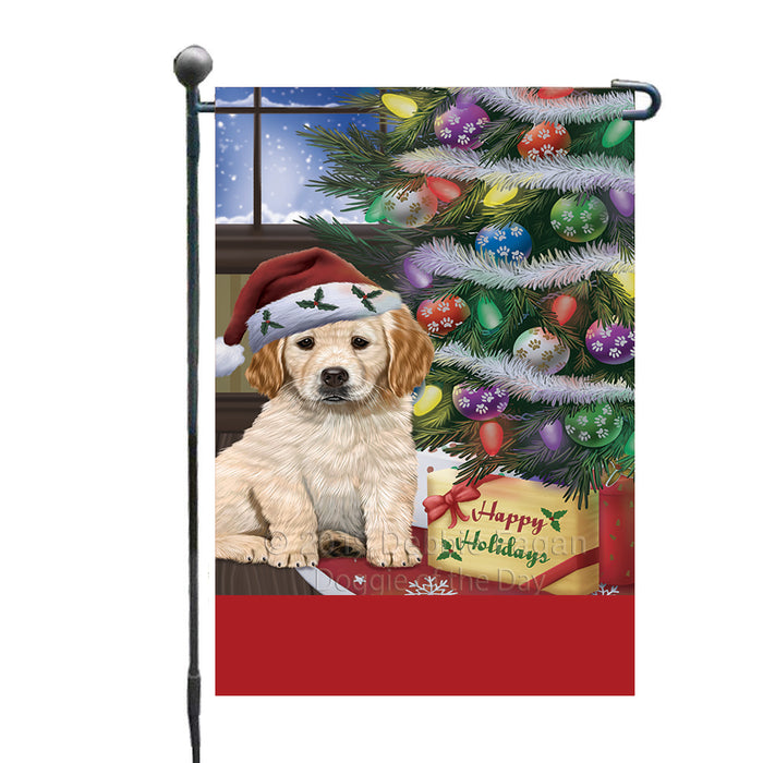 Personalized Christmas Happy Holidays Golden Retriever Dog with Tree and Presents Custom Garden Flags GFLG-DOTD-A58631