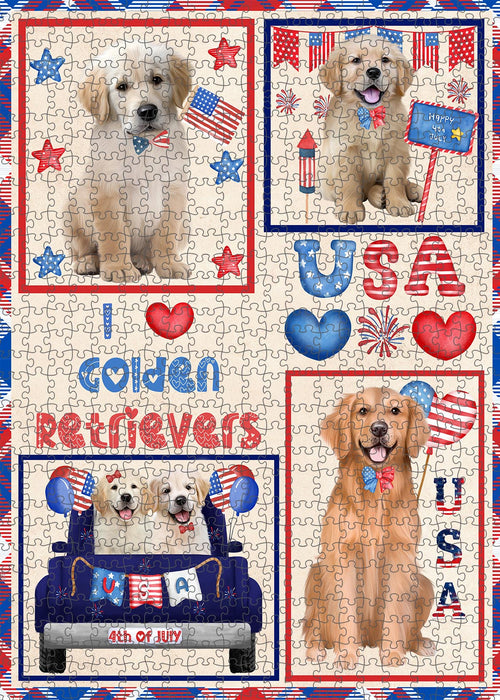 4th of July Independence Day I Love USA Golden Retriever Dogs Portrait Jigsaw Puzzle for Adults Animal Interlocking Puzzle Game Unique Gift for Dog Lover's with Metal Tin Box