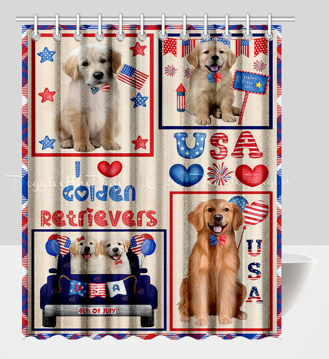 4th of July Independence Day I Love USA Golden Retriever Dogs Shower Curtain Pet Painting Bathtub Curtain Waterproof Polyester One-Side Printing Decor Bath Tub Curtain for Bathroom with Hooks