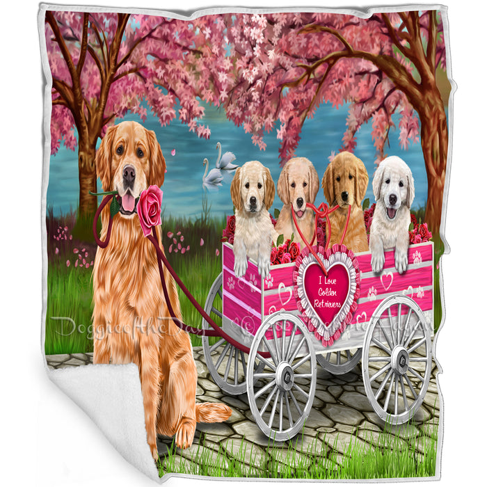 I Love Golden Retrievers Dogs in a Cart Art Portrait Print Woven Throw Sherpa Plush Fleece Blanket