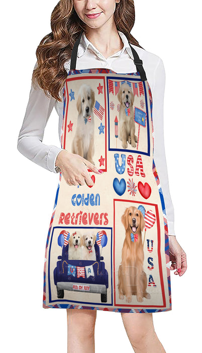 4th of July Independence Day I Love USA Golden Retriever Dogs Apron - Adjustable Long Neck Bib for Adults - Waterproof Polyester Fabric With 2 Pockets - Chef Apron for Cooking, Dish Washing, Gardening, and Pet Grooming