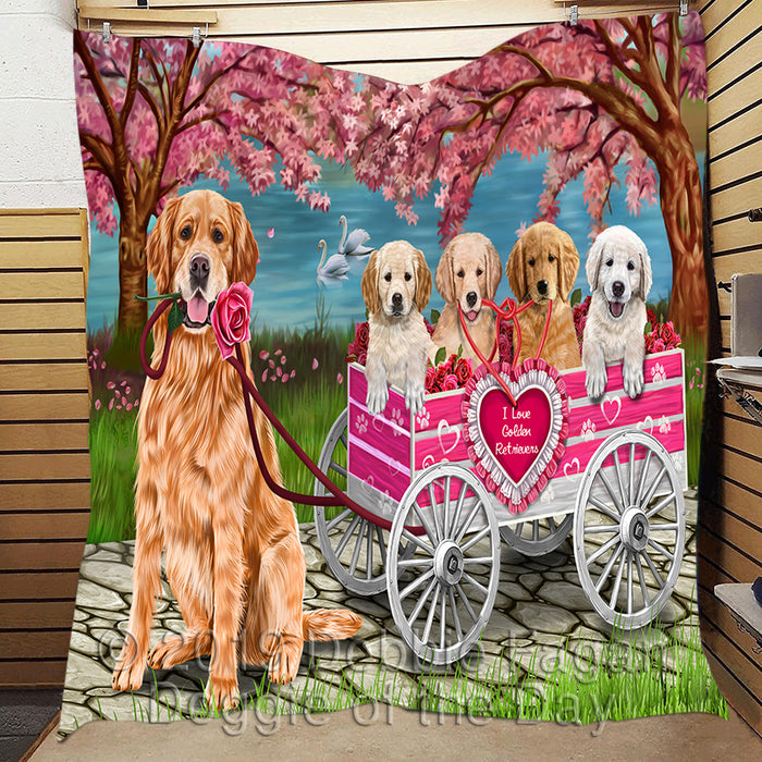 I Love Golden Retriever Dogs in a Cart Quilt