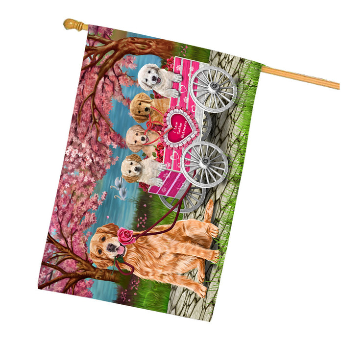 I Love Golden Retriever Dogs in a Cart House Flag Outdoor Decorative Double Sided Pet Portrait Weather Resistant Premium Quality Animal Printed Home Decorative Flags 100% Polyester