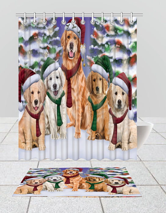 Golden Retriever Dogs Christmas Family Portrait in Holiday Scenic Background  Bath Mat and Shower Curtain Combo