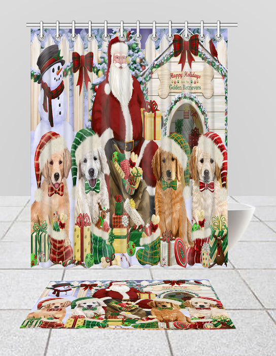 Happy Holidays Christmas Golden Retriever Dogs House Gathering Bath Mat and Shower Curtain Combo