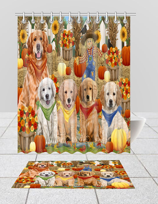 Fall Festive Harvest Time Gathering Golden Retriever Dogs Bath Mat and Shower Curtain Combo