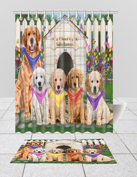 Spring Dog House Golden Retriever Dogs Bath Mat and Shower Curtain Combo