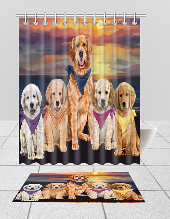 Family Sunset Portrait Golden Retriever Dogs Bath Mat and Shower Curtain Combo