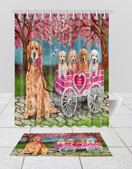 I Love Golden Retriever Dogs in a Cart Bath Mat and Shower Curtain Combo