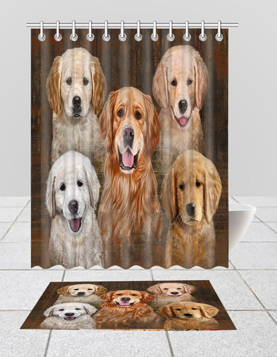 Rustic Golden Retriever Dogs  Bath Mat and Shower Curtain Combo