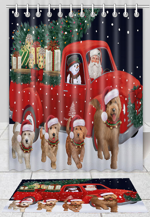 Christmas Express Delivery Red Truck Running Goldendoodle Dogs Bath Mat and Shower Curtain Combo