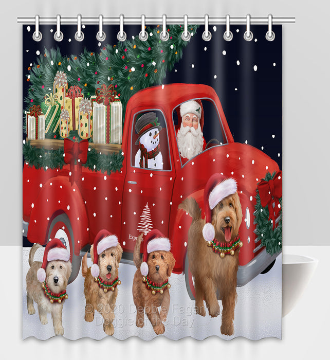 Christmas Express Delivery Red Truck Running Goldendoodle Dogs Shower Curtain Bathroom Accessories Decor Bath Tub Screens