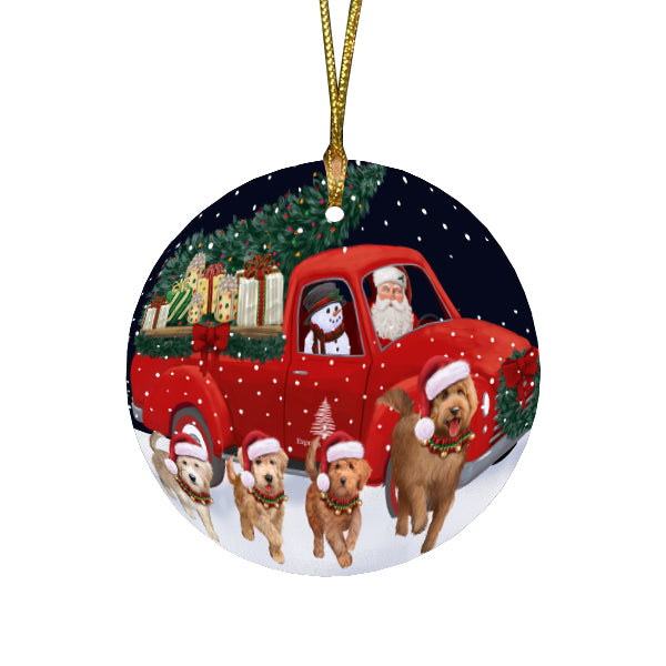 Christmas Express Delivery Red Truck Running Goldendoodle Dogs Round Flat Christmas Ornament RFPOR57752