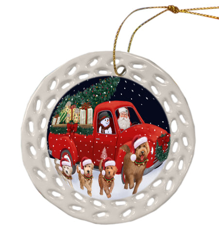 Christmas Express Delivery Red Truck Running Goldendoodle Dog Doily Ornament DPOR59270