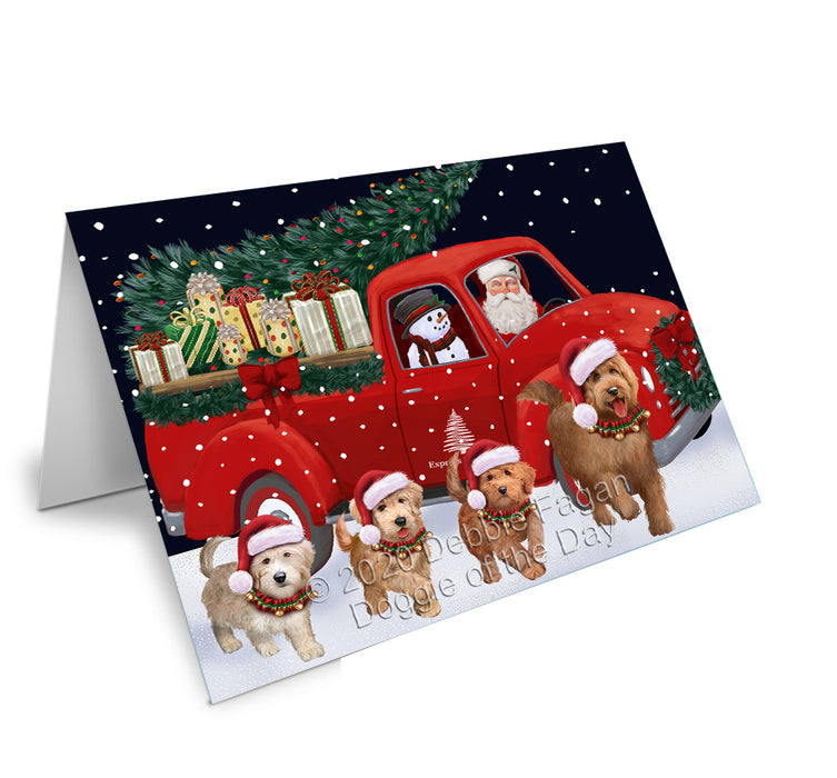 Christmas Express Delivery Red Truck Running Goldendoodle Dogs Handmade Artwork Assorted Pets Greeting Cards and Note Cards with Envelopes for All Occasions and Holiday Seasons GCD75146