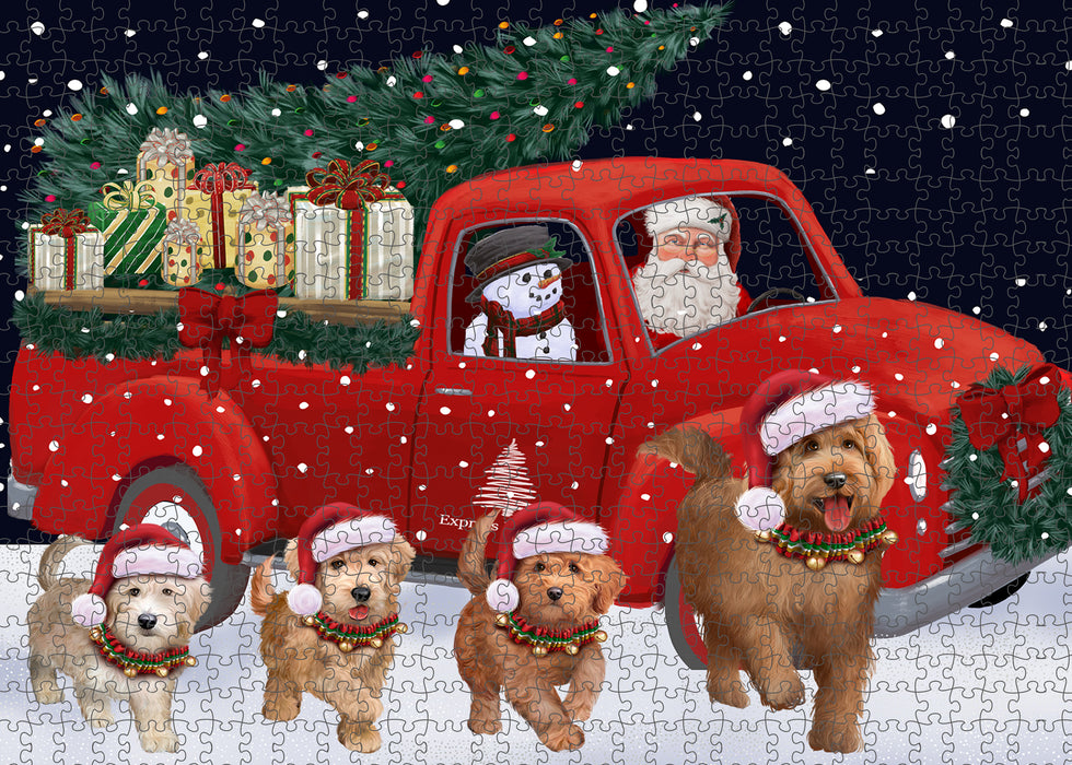 Christmas Express Delivery Red Truck Running Goldendoodle Dogs Puzzle with Photo Tin PUZL99708