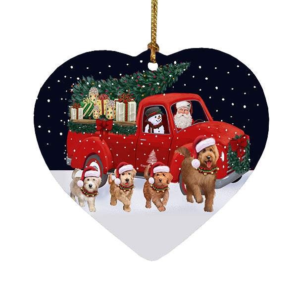 Christmas Express Delivery Red Truck Running Goldendoodle Dogs Heart Christmas Ornament RFPOR58094