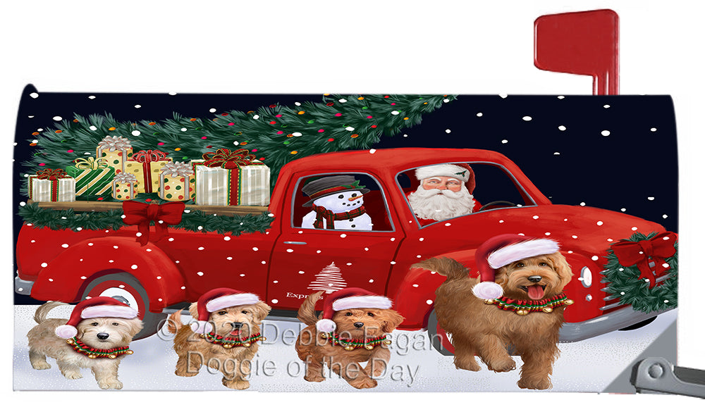Christmas Express Delivery Red Truck Running Goldendoodle Dog Magnetic Mailbox Cover Both Sides Pet Theme Printed Decorative Letter Box Wrap Case Postbox Thick Magnetic Vinyl Material