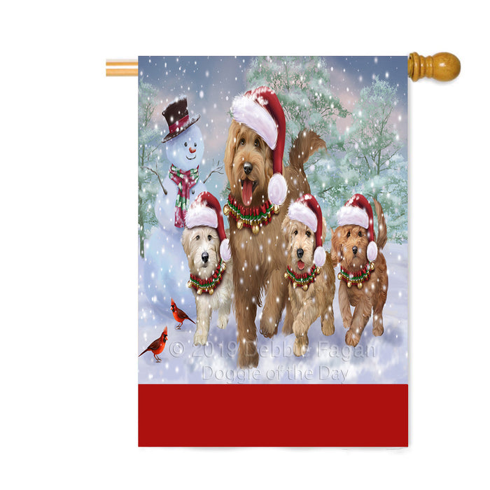 Personalized Christmas Running Family Goldendoodle Dogs Custom House Flag FLG-DOTD-A60390