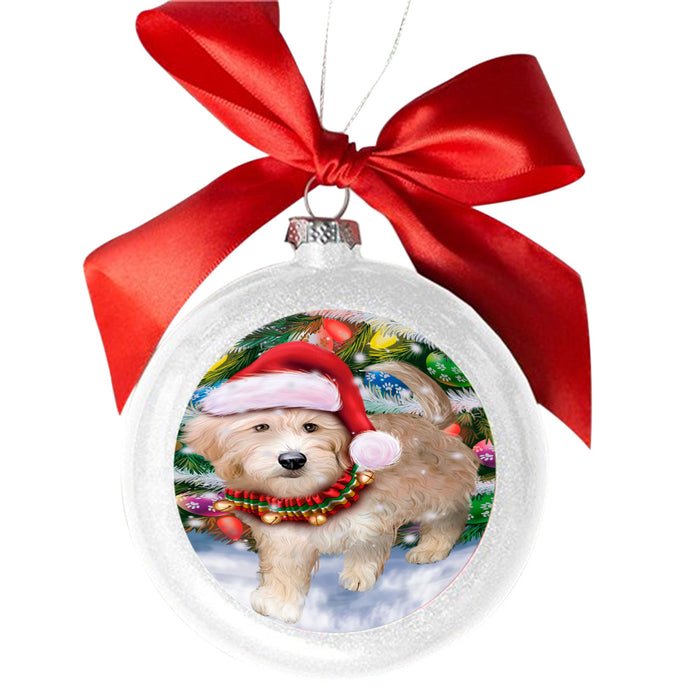 Trotting in the Snow Goldendoodle Dog White Round Ball Christmas Ornament WBSOR49447