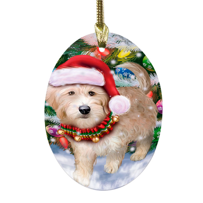 Trotting in the Snow Goldendoodle Dog Oval Glass Christmas Ornament OGOR49447