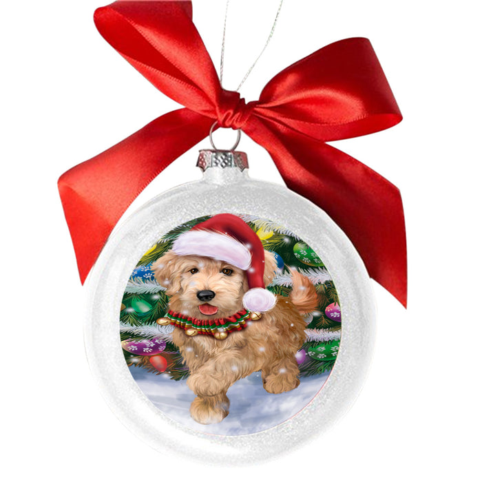 Trotting in the Snow Goldendoodle Dog White Round Ball Christmas Ornament WBSOR49448
