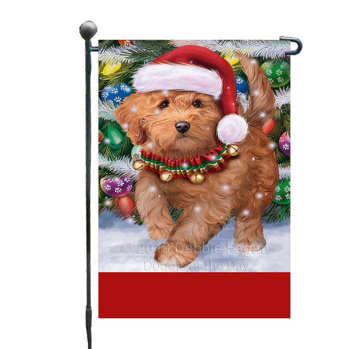 Personalized Trotting in the Snow Goldendoodle Dog Custom Garden Flags GFLG-DOTD-A60737