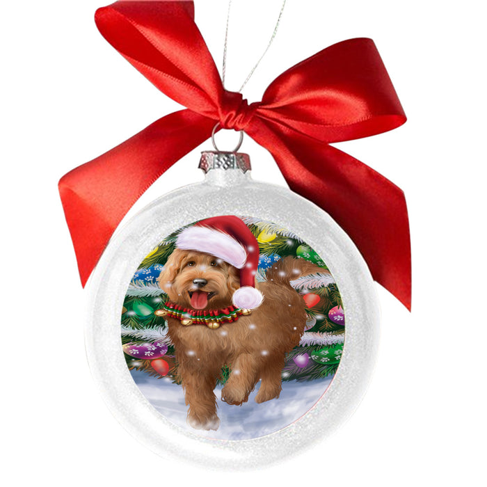 Trotting in the Snow Goldendoodle Dog White Round Ball Christmas Ornament WBSOR49450