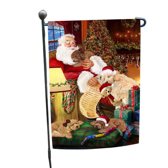 Goldendoodle Dog and Puppies Sleeping with Santa Garden Flag