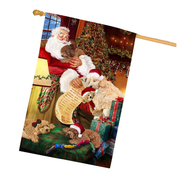 Goldendoodle Dog and Puppies Sleeping with Santa House Flag