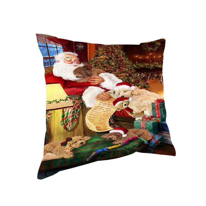 Goldendoodle Dog and Puppies Sleeping with Santa Throw Pillow