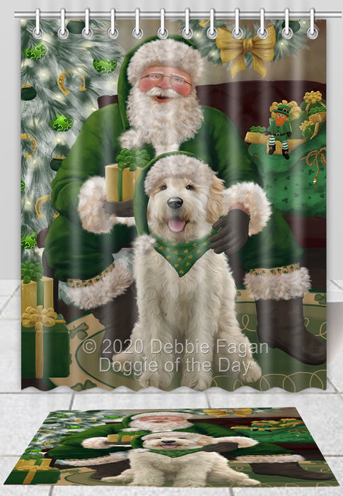 Christmas Irish Santa with Gift Goldendoodle Dog Bath Mat and Shower Curtain Combo