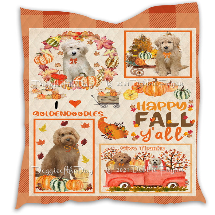Happy Fall Y'all Pumpkin Goldendoodle Dogs Quilt Bed Coverlet Bedspread - Pets Comforter Unique One-side Animal Printing - Soft Lightweight Durable Washable Polyester Quilt