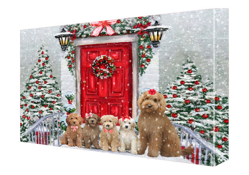 Christmas Holiday Welcome Goldendoodle Dogs Canvas Wall Art - Premium Quality Ready to Hang Room Decor Wall Art Canvas - Unique Animal Printed Digital Painting for Decoration