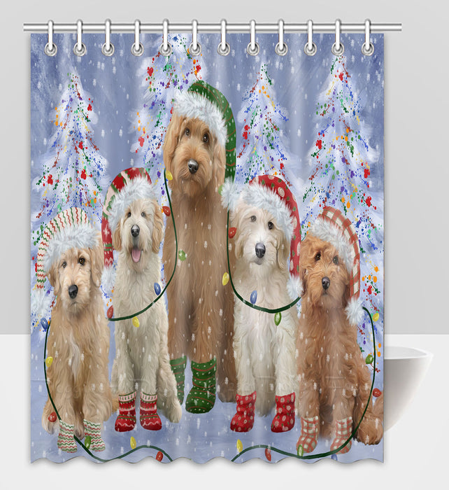 Christmas Lights and Goldendoodle Dogs Shower Curtain Pet Painting Bathtub Curtain Waterproof Polyester One-Side Printing Decor Bath Tub Curtain for Bathroom with Hooks