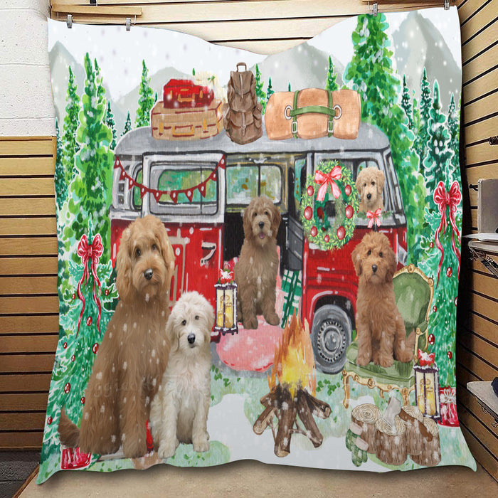 Christmas Time Camping with Goldendoodle Dogs  Quilt Bed Coverlet Bedspread - Pets Comforter Unique One-side Animal Printing - Soft Lightweight Durable Washable Polyester Quilt