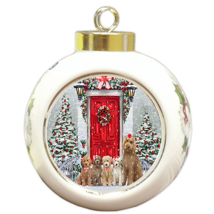 Christmas Holiday Welcome Goldendoodle Dogs Round Ball Christmas Ornament Pet Decorative Hanging Ornaments for Christmas X-mas Tree Decorations - 3" Round Ceramic Ornament