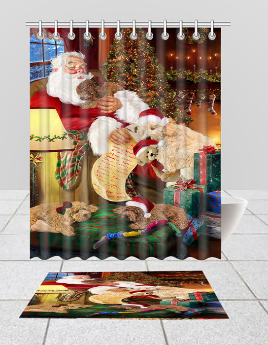 Santa Sleeping with Goldendoodle Dogs  Bath Mat and Shower Curtain Combo