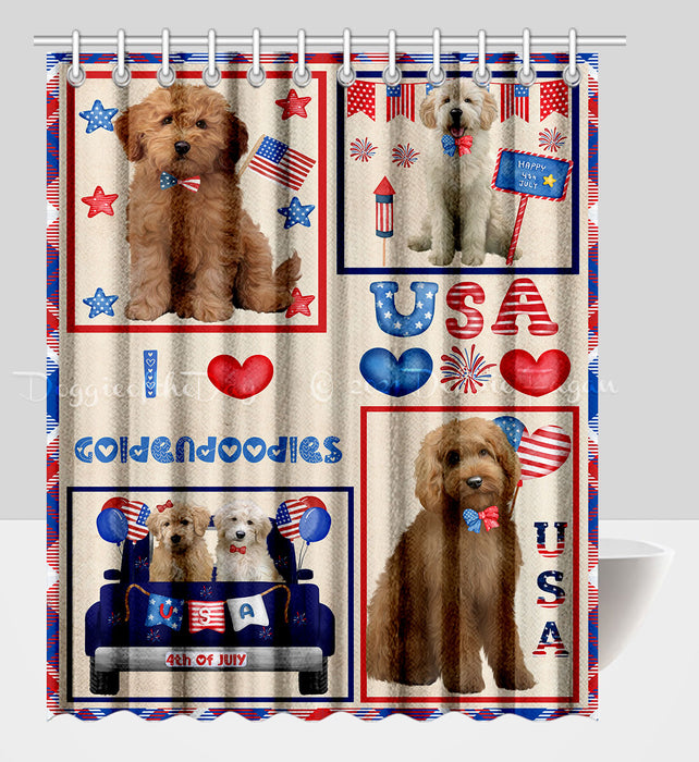 4th of July Independence Day I Love USA Goldendoodle Dogs Shower Curtain Pet Painting Bathtub Curtain Waterproof Polyester One-Side Printing Decor Bath Tub Curtain for Bathroom with Hooks