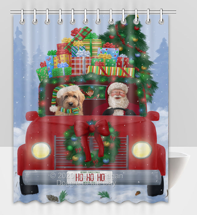 Christmas Honk Honk Red Truck Here Comes with Santa and Goldendoodle Dog Shower Curtain Bathroom Accessories Decor Bath Tub Screens SC041