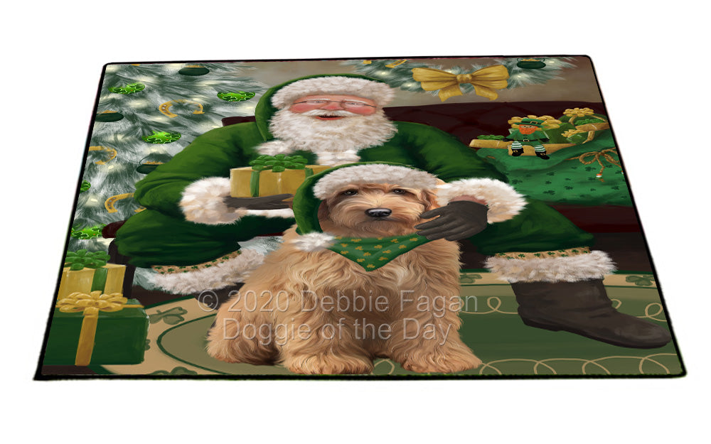 Christmas Irish Santa with Gift and Goldendoodle Dog Indoor/Outdoor Welcome Floormat - Premium Quality Washable Anti-Slip Doormat Rug FLMS57160