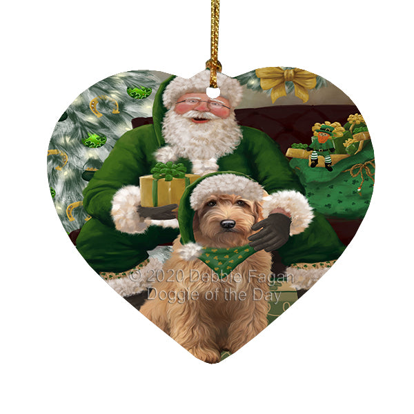 Christmas Irish Santa with Gift and Goldendoodle Dog Heart Christmas Ornament RFPOR58271