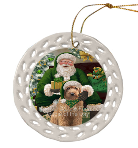 Christmas Irish Santa with Gift and Goldendoodle Dog Doily Ornament DPOR59491